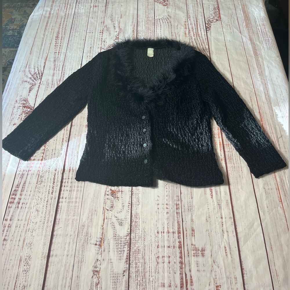Black vintage velvet rayon stretch cardigan with feather collar. Gorgeous!